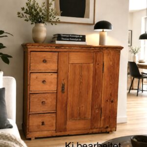 Antike Kommode/Brotschrank – Biedermeier 1840er aus Weichholz, Honigton, 4 Schubladen, Landhaus