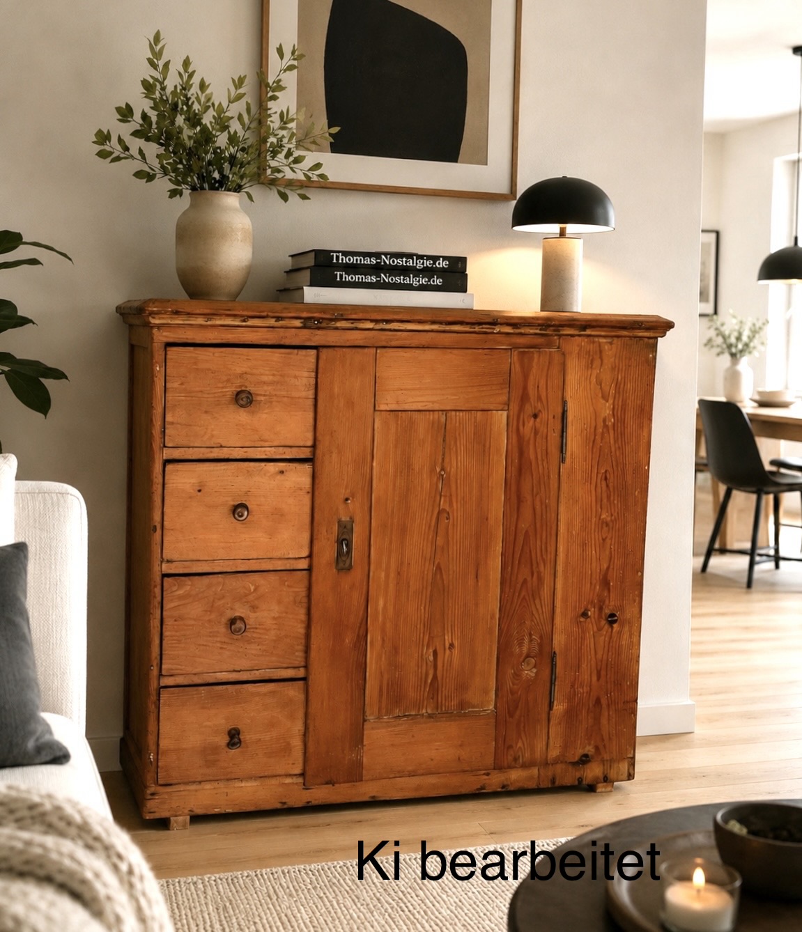 Antike Kommode/Brotschrank – Biedermeier 1840er aus Weichholz, Honigton, 4 Schubladen, Landhaus