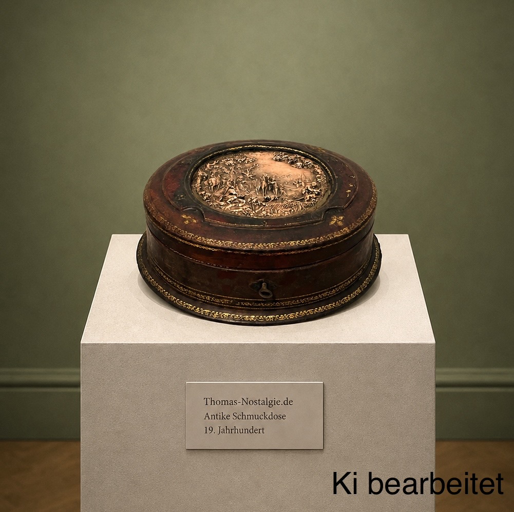 Antike Lederschmuckschatulle 1920er – Messingmotiv, Samtbezug, Schlüssel