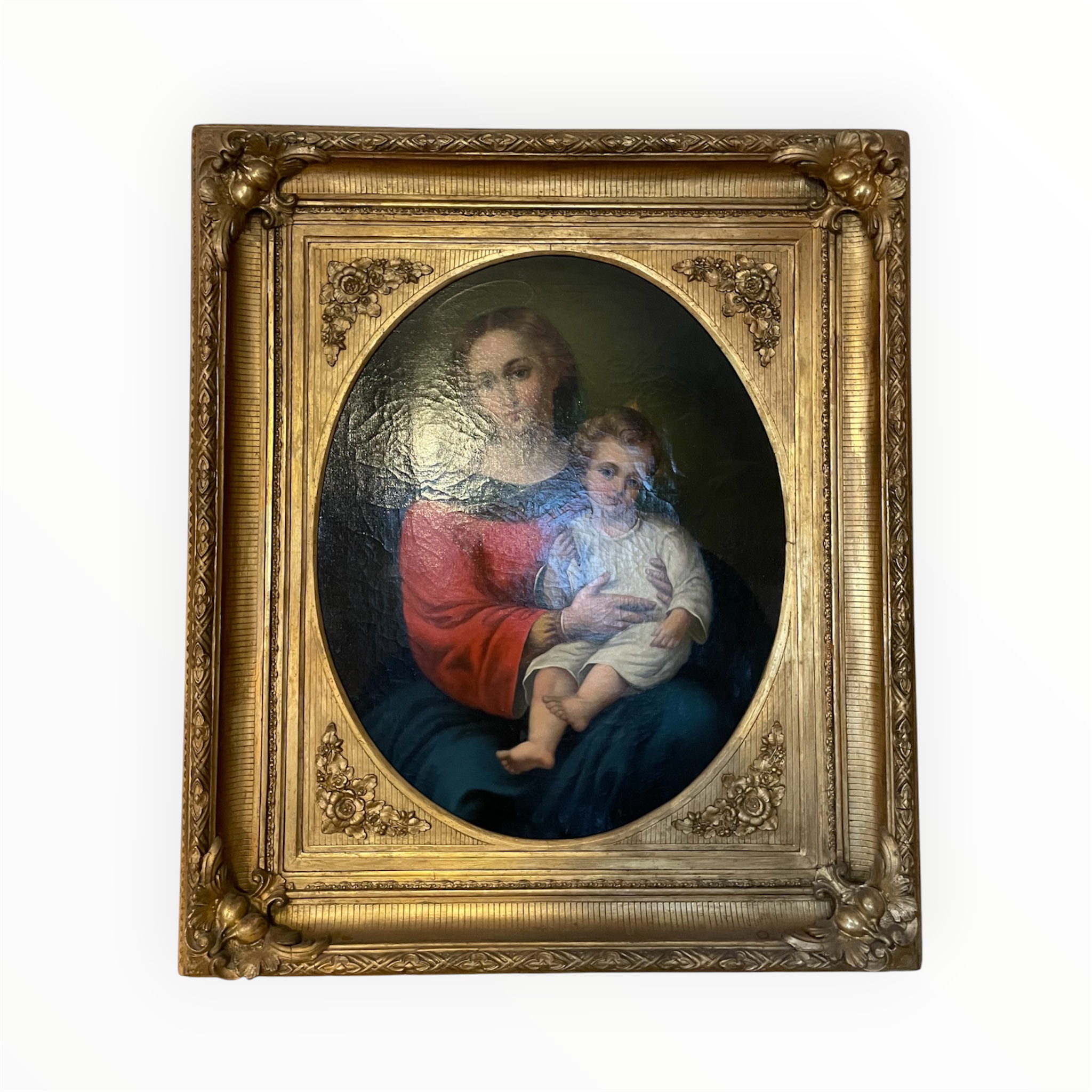 Antikes Ölgemälde Madonna mit Jesuskind nach Murillo-Motiv, ca. 1850–1900, gerahmt in einem ornamentierten Prunkrahmen