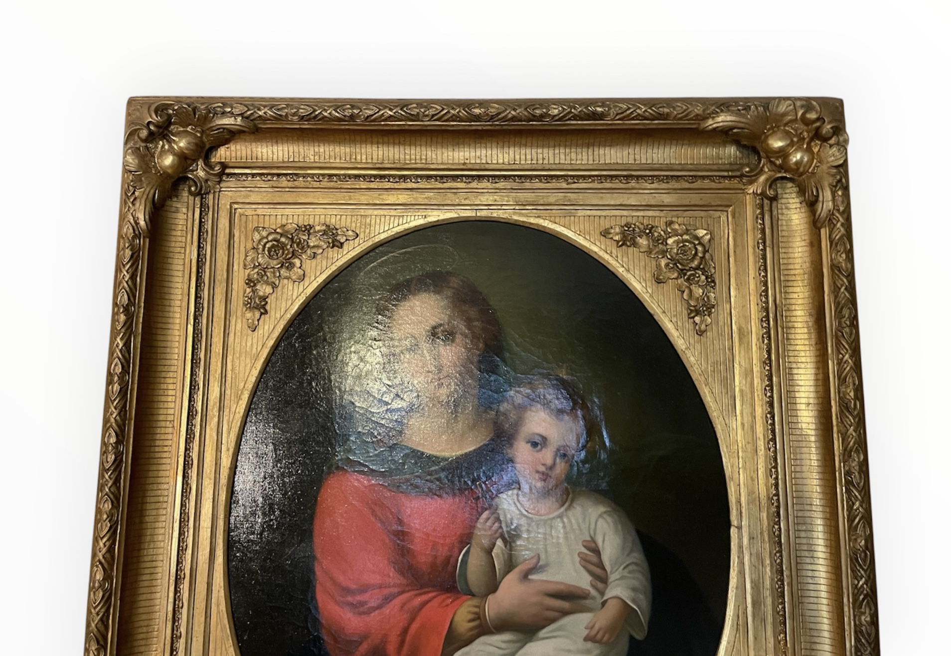 Antikes Ölgemälde Madonna mit Jesuskind nach Murillo-Motiv, ca. 1850–1900, gerahmt in einem ornamentierten Prunkrahmen