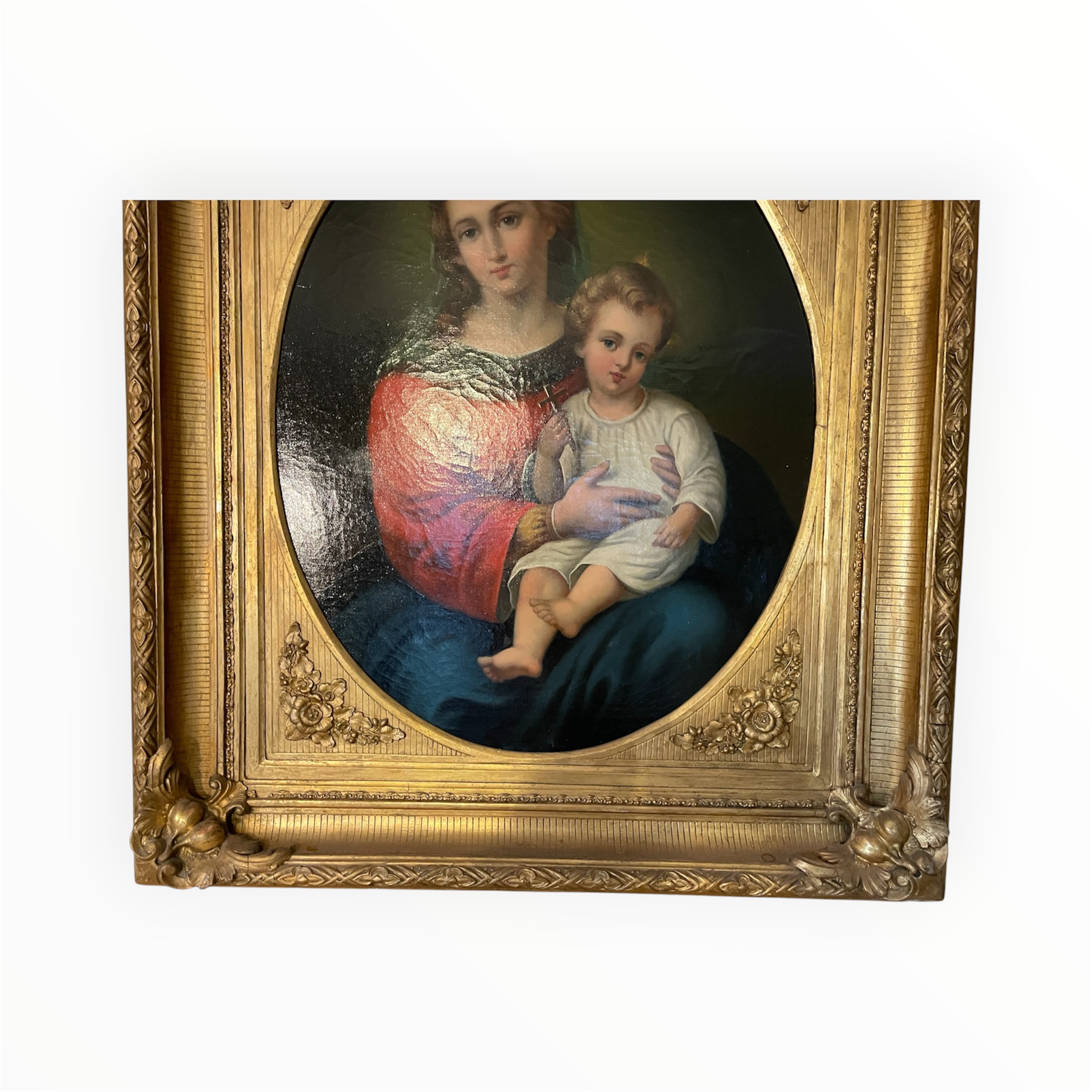 Antikes Ölgemälde Madonna mit Jesuskind nach Murillo-Motiv, ca. 1850–1900, gerahmt in einem ornamentierten Prunkrahmen