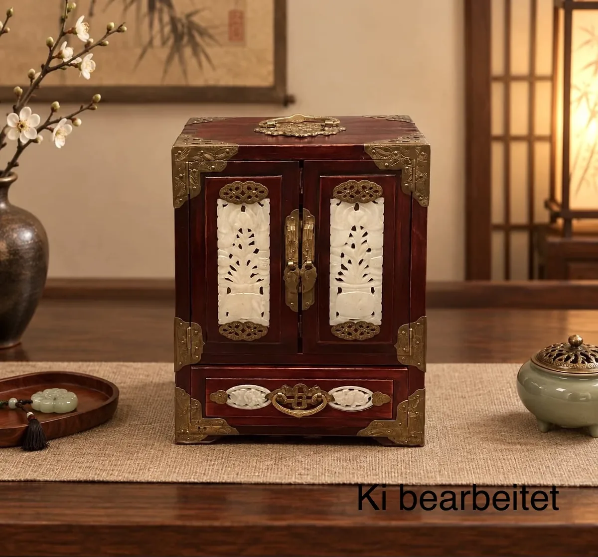 China Kabinett Schmuckkiste – Vintage 1960er, Mid Century Stil, Jade-Einlage, Messing-Beschläge