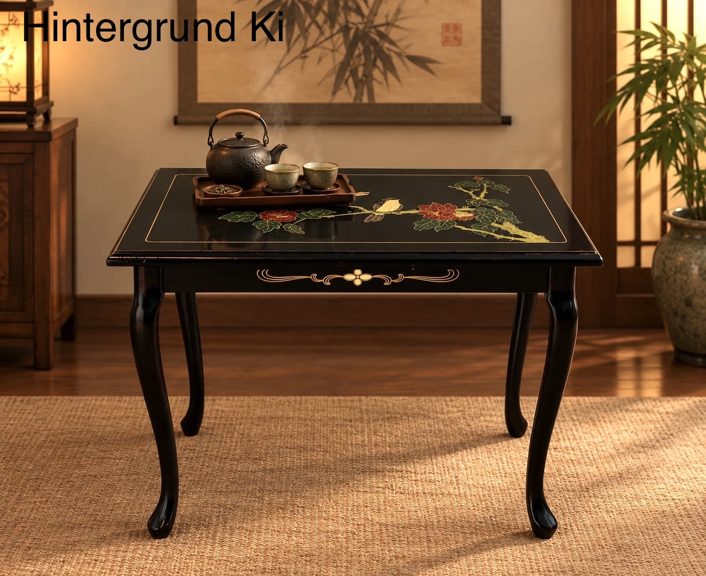 Orientalischer Beistelltisch – Vintage 1960er, Cabriole-Beine, feine Bemalung, Motive Vögel & Blüten, Chinoiserie-Stil