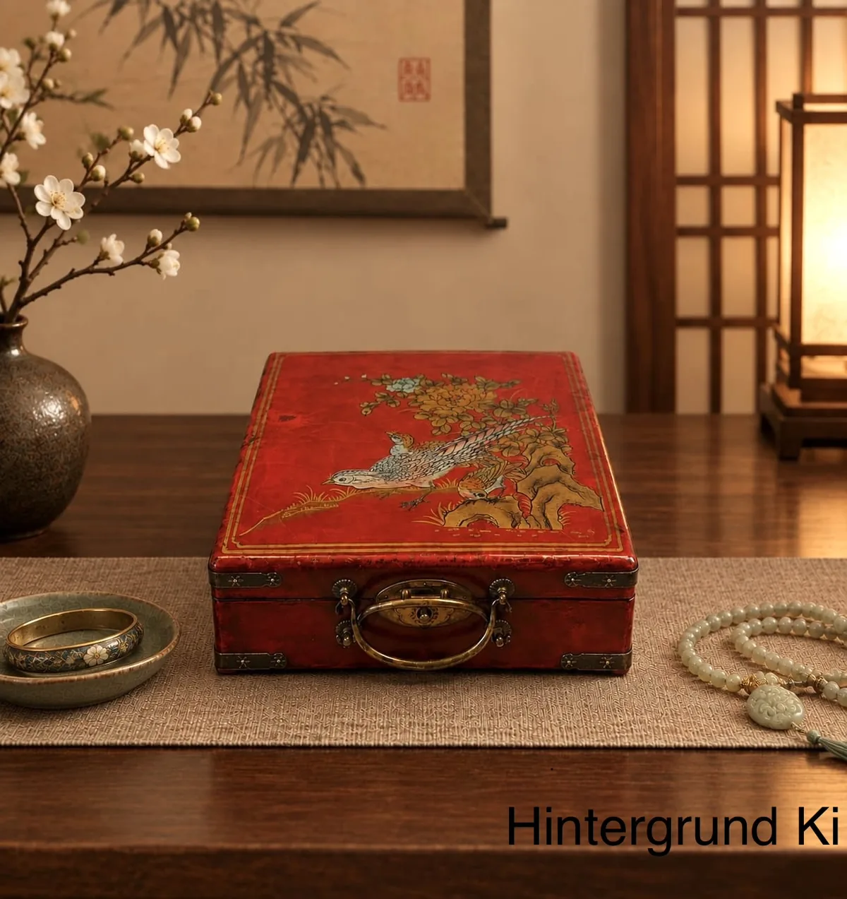 Chinesische Schmuckschatulle Vintage 1960er/1970er – Almanach-Auskleidung, Chinoiserie, Messingbeschläge