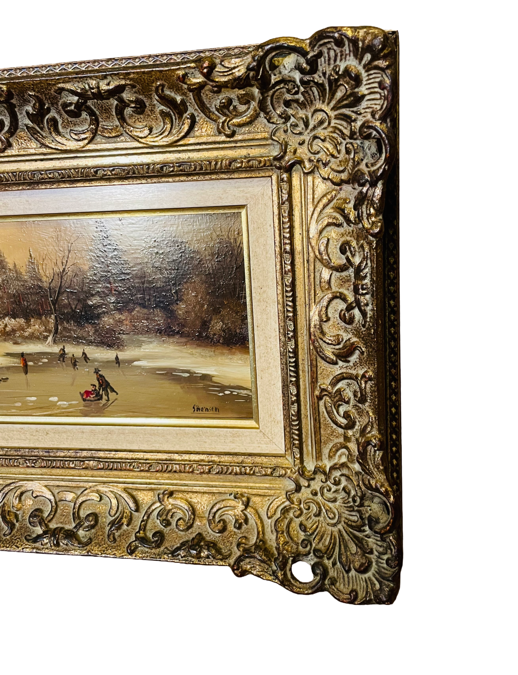 Antikes Ölgemälde Wintermotiv Flusslandschaft – Jörg Sörensen, Prunkrahmen, 53x26 cm