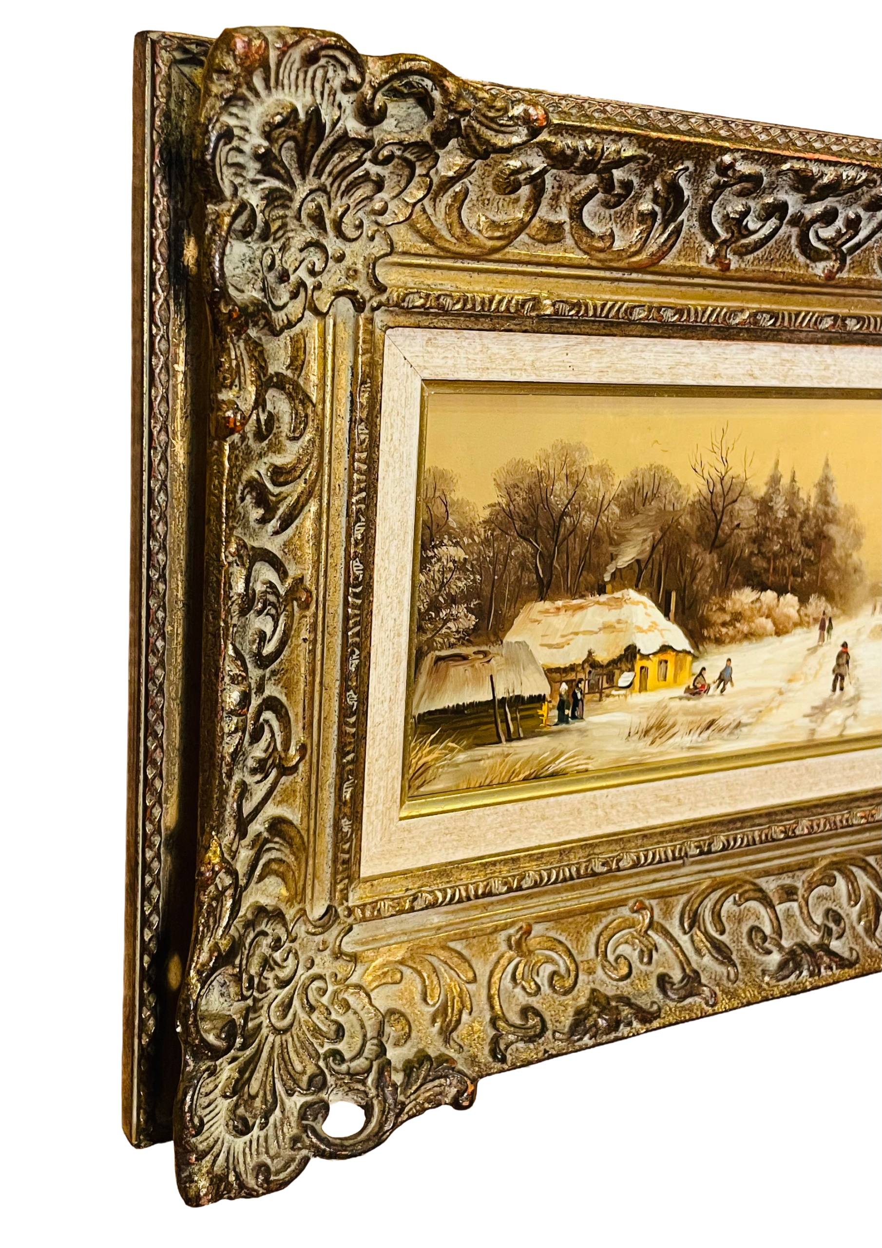 Antikes Ölgemälde Wintermotiv Flusslandschaft – Jörg Sörensen, Prunkrahmen, 53x26 cm