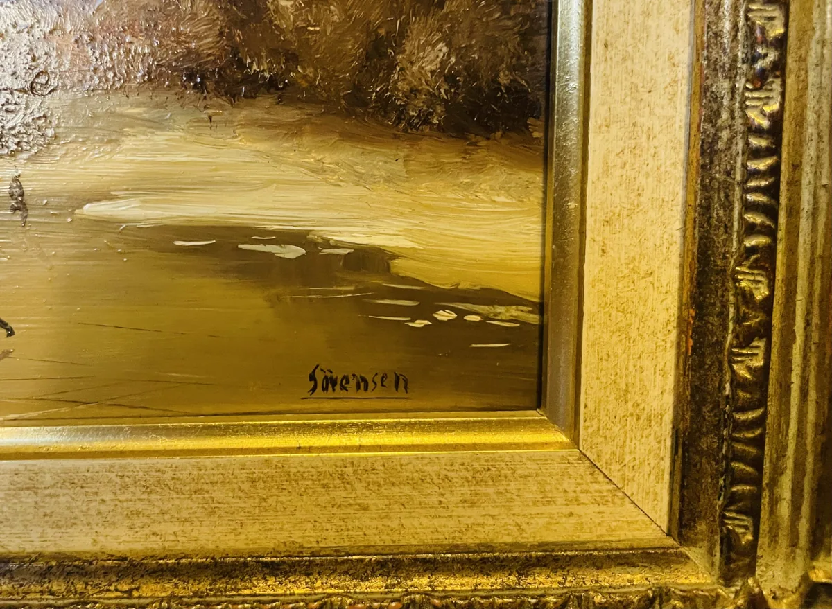 Antikes Ölgemälde Wintermotiv Flusslandschaft – Jörg Sörensen, Prunkrahmen, 53x26 cm