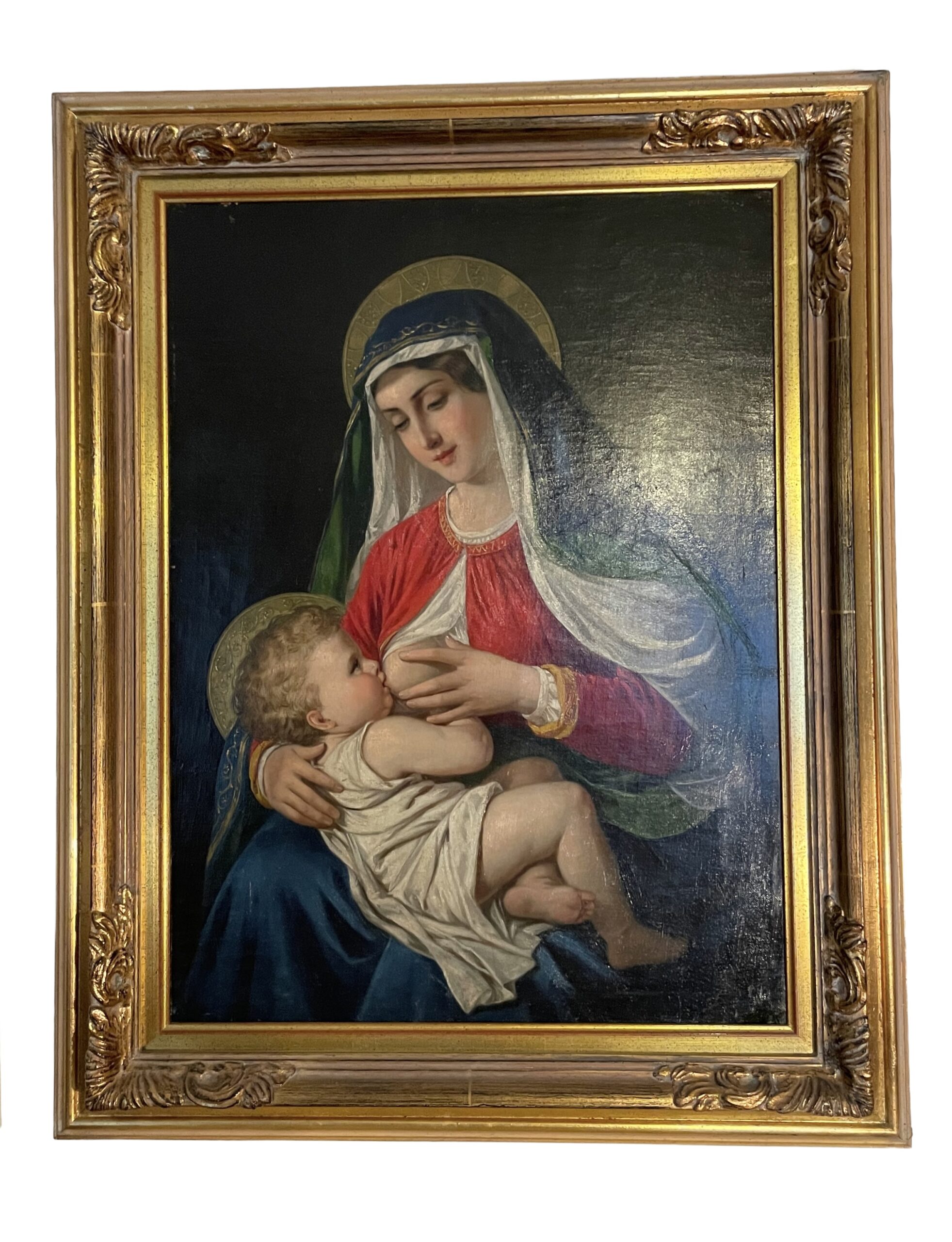 Antikes Ölgemälde Maria Lactans im Prunkrahmen – ca. 1850–1900, sakrale Kunst, hochwertige Handwerkskunst