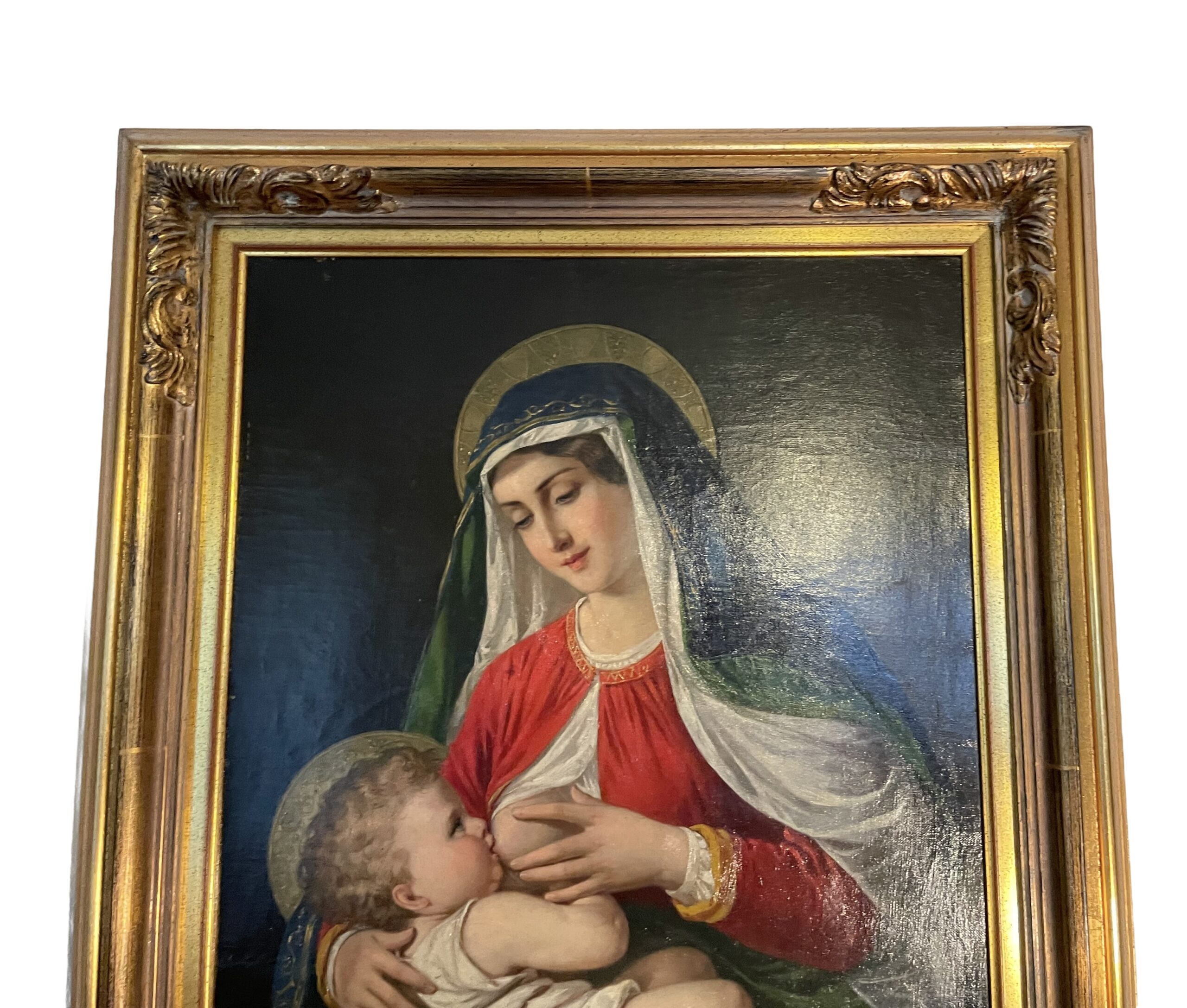 Antikes Ölgemälde Maria Lactans im Prunkrahmen – ca. 1850–1900, sakrale Kunst, hochwertige Handwerkskunst