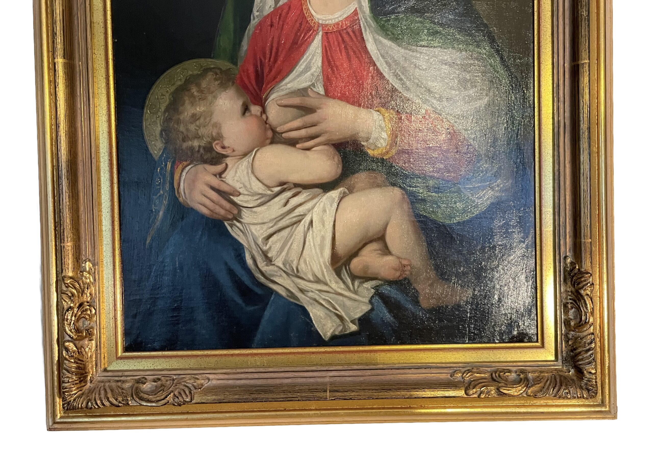 Antikes Ölgemälde Maria Lactans im Prunkrahmen – ca. 1850–1900, sakrale Kunst, hochwertige Handwerkskunst