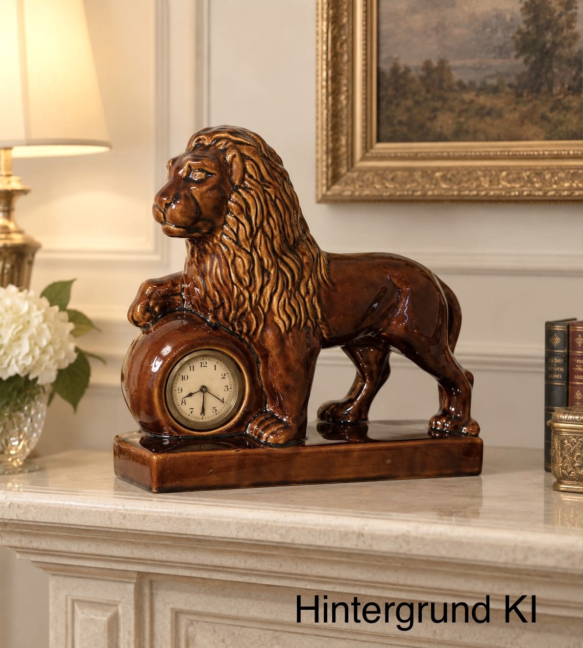 Keramik, Kaminuhr, Löwen Figur, Marke Scheuerich, Nr. 713, Dekoration