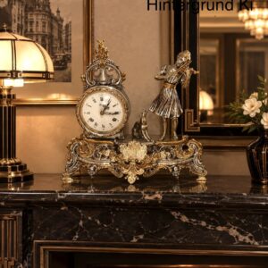 Figürliche Kaminuhr – Italien Vintage Barock Stil, Marke Hepa, massive Metalluhr, Mid Century, Motiv Geigerin – Dekoration
