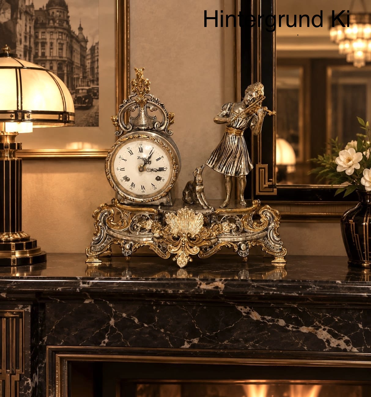 Figürliche Kaminuhr – Italien Vintage Barock Stil, Marke Hepa, massive Metalluhr, Mid Century, Motiv Geigerin – Dekoration