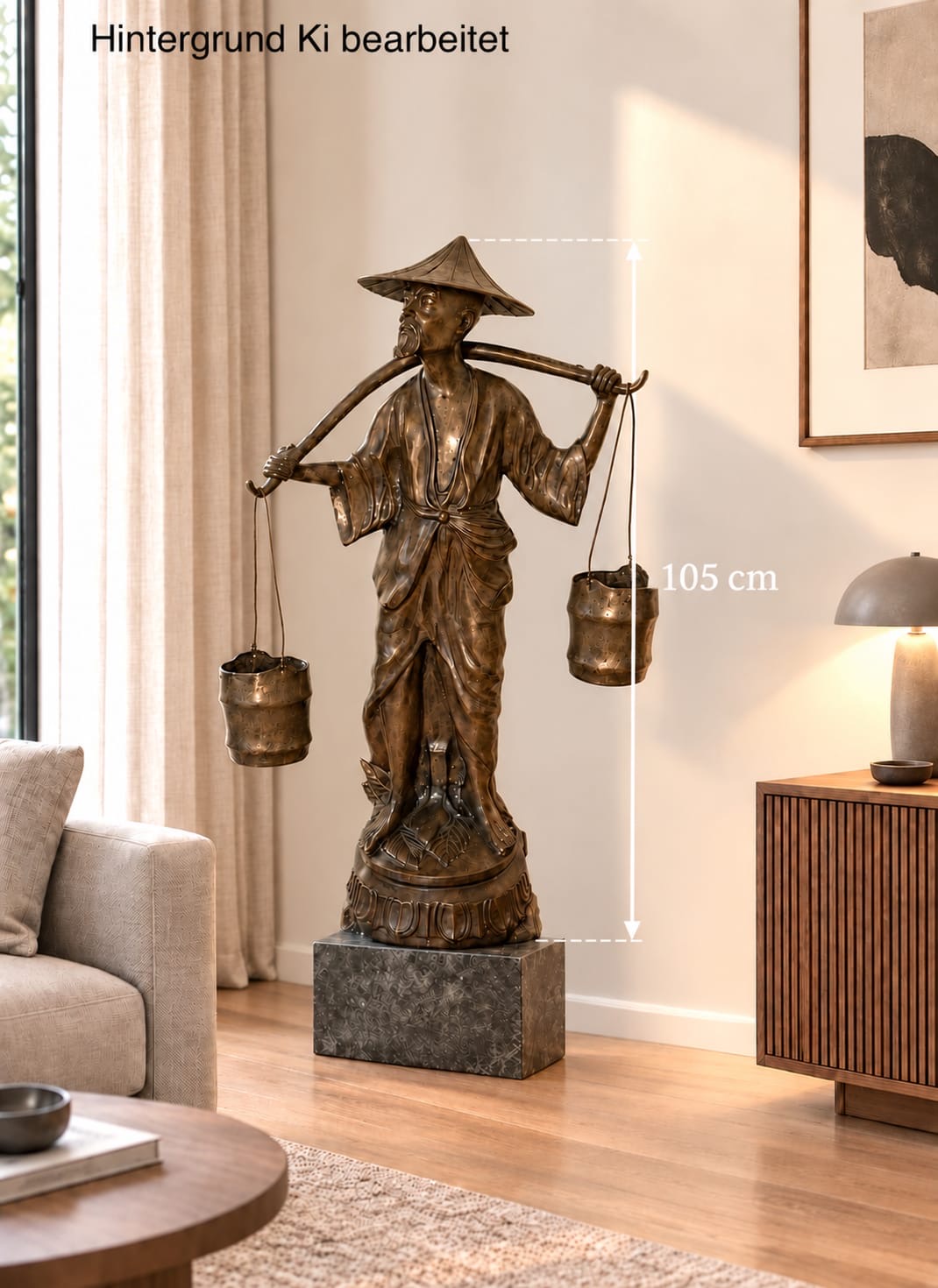Chinesische Bronzeskulptur, Wasserträger mit verziertem Sockel, Vintage, staatliche Größe, 61x30x105