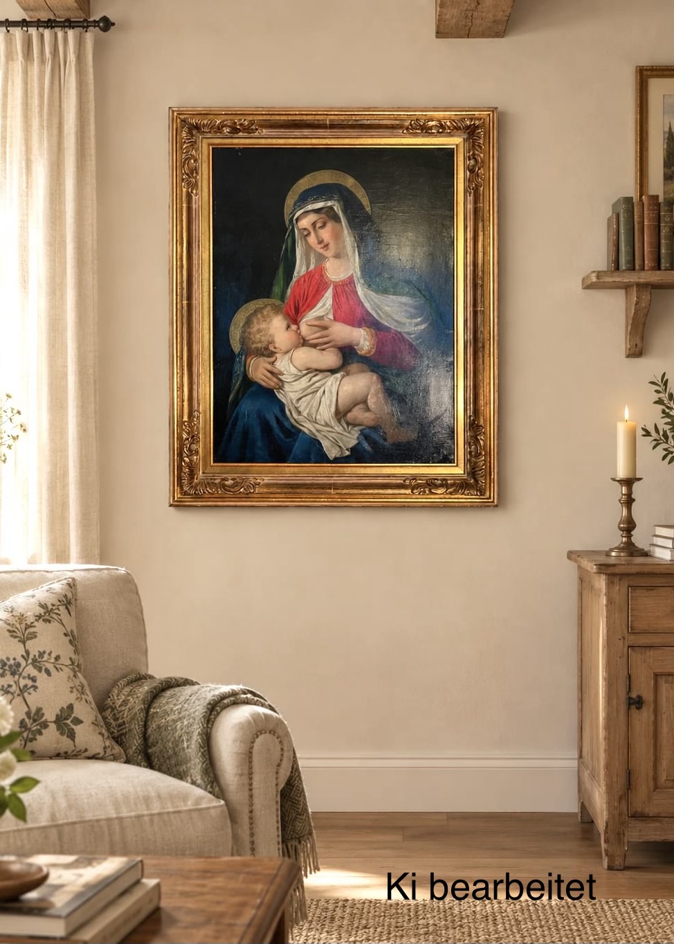 Antikes Ölgemälde Maria Lactans im Prunkrahmen – ca. 1850–1900, sakrale Kunst, hochwertige Handwerkskunst
